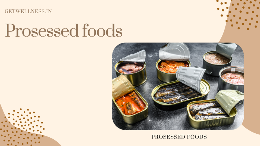 A variety of processed foods like chips, soda, instant meals, and sugary snacks contrasted with whole foods such as fresh vegetables, grains, and meats — highlighting the nutritional gap and health risks of processed food