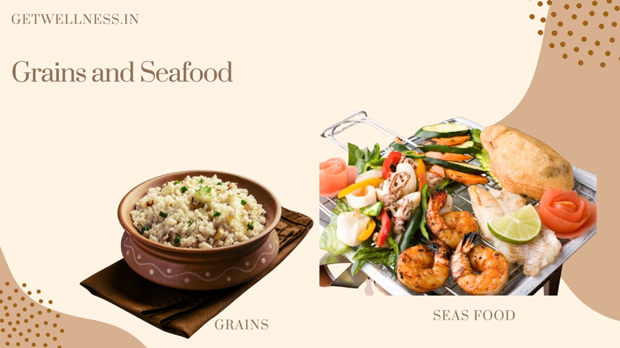 A healthy display of whole foods including fresh vegetables, whole grains, and lean meats — representing a balanced diet rich in proteins, fiber, vitamins, and minerals.